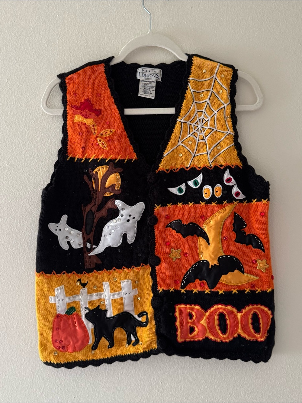 90s Vintage Basic Editions Halloween Knit Vest Black & Orange
